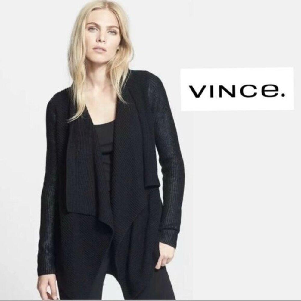 Vince XS Black Cardigan Sweater Ribbed Long Sleeve Open Metallic Foil Black Top